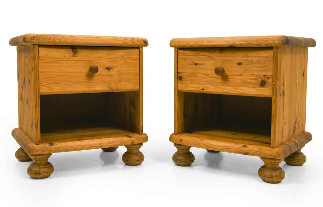 PAIR OF SCANDINAVIAN PINE NIGHTSTANDS C. 1970S: Dimensions: H 19.75" x W 17.5" x D 14". Condition: Scuffs and faint discolored spots. Wear consistent with age and use. E132