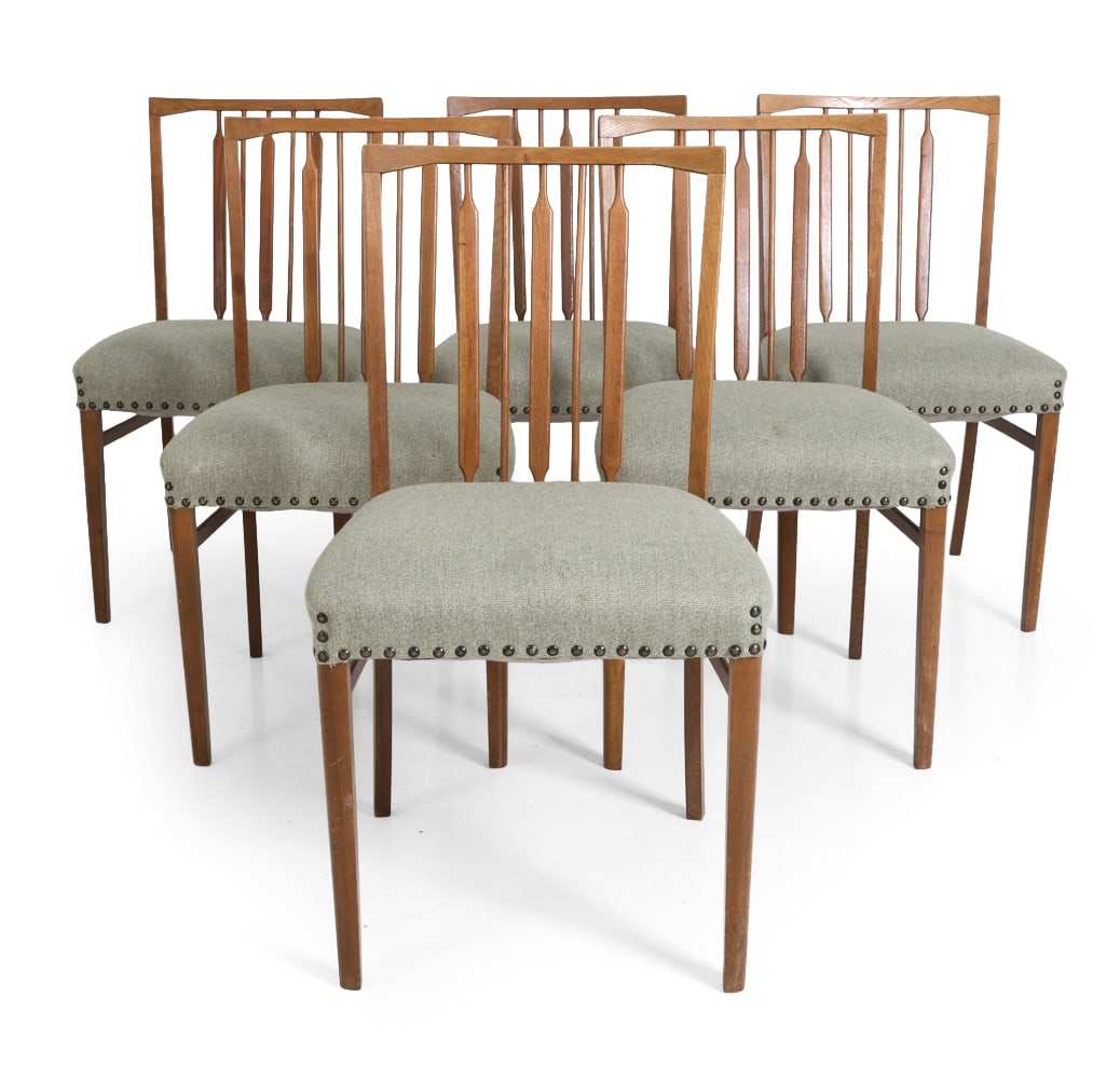 (6) CHRISTOFFERSEN STYLE TEAK DINING CHAIRS 1960S: Denmark, circa 1960s. Dimensions: H 35" x W 18.5" x D 18" x SH 20". Condition: Scratches and dings to legs. Wear consistent with age and use. E-050