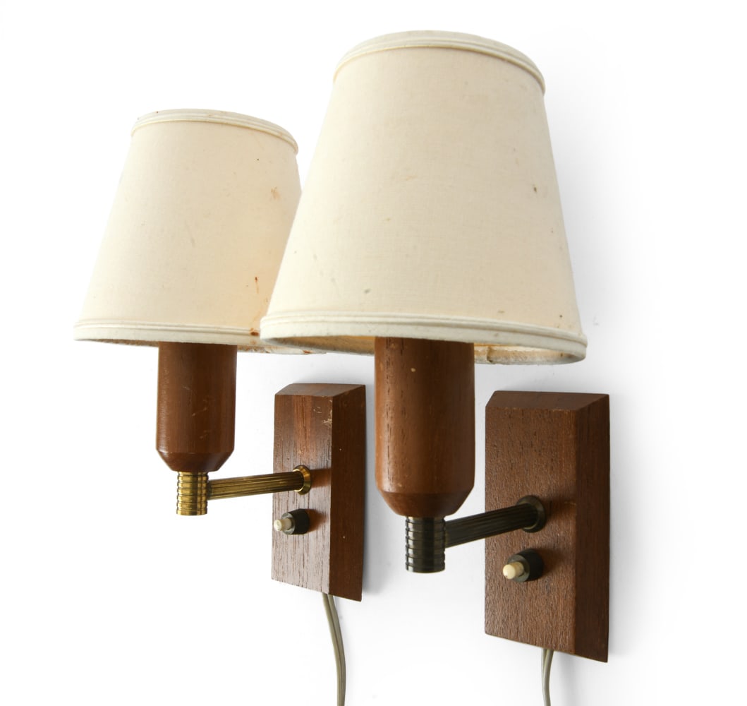 PAIR OF DANISH TEAK SCONCES C. 1960S: Dimensions: (w/shade) H 9" x W 5" x D 6". Condition: Wiring untested. Wear consistent with age and use. E141
