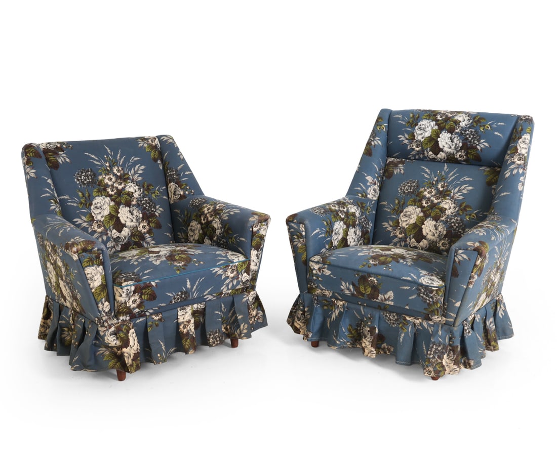 PAIR OHLSSON STYLE SWEDISH LOUNGE CHAIRS C. 1960S: His and Hers. Sweden, circa 1960s. Dimensions: Tallest H 37" x W 32" x D 29" x SH 15.75". Condition: Fading. Previous repairs to upholstery. Wear consistent with age and use. E093