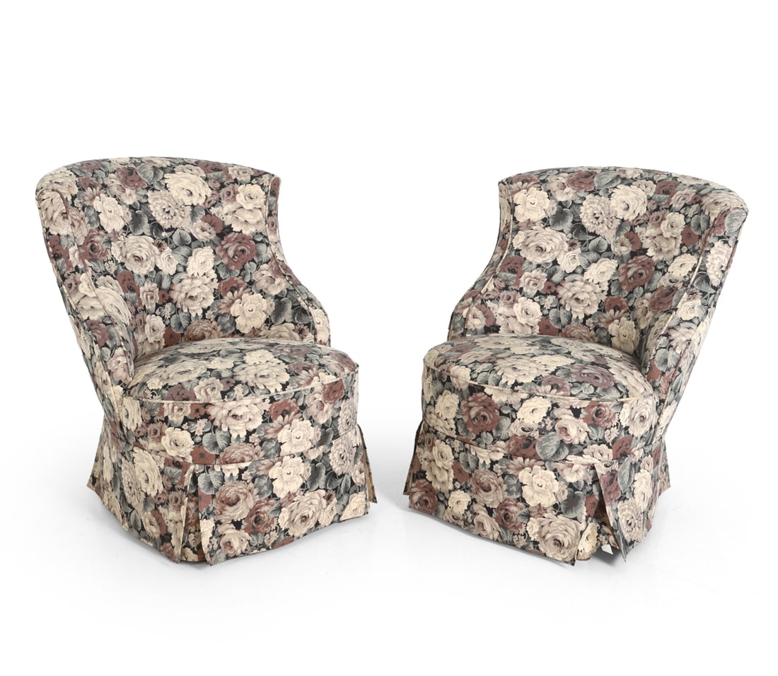 PAIR OF SCANDINAVIAN FLORAL SLIPPER CHAIRS 1960S: Dimensions: H 31" x W 24" x D 31" x SH 15.5". Condition: Rubs and small tears to fabric. Wear consistent with age and use. E033
