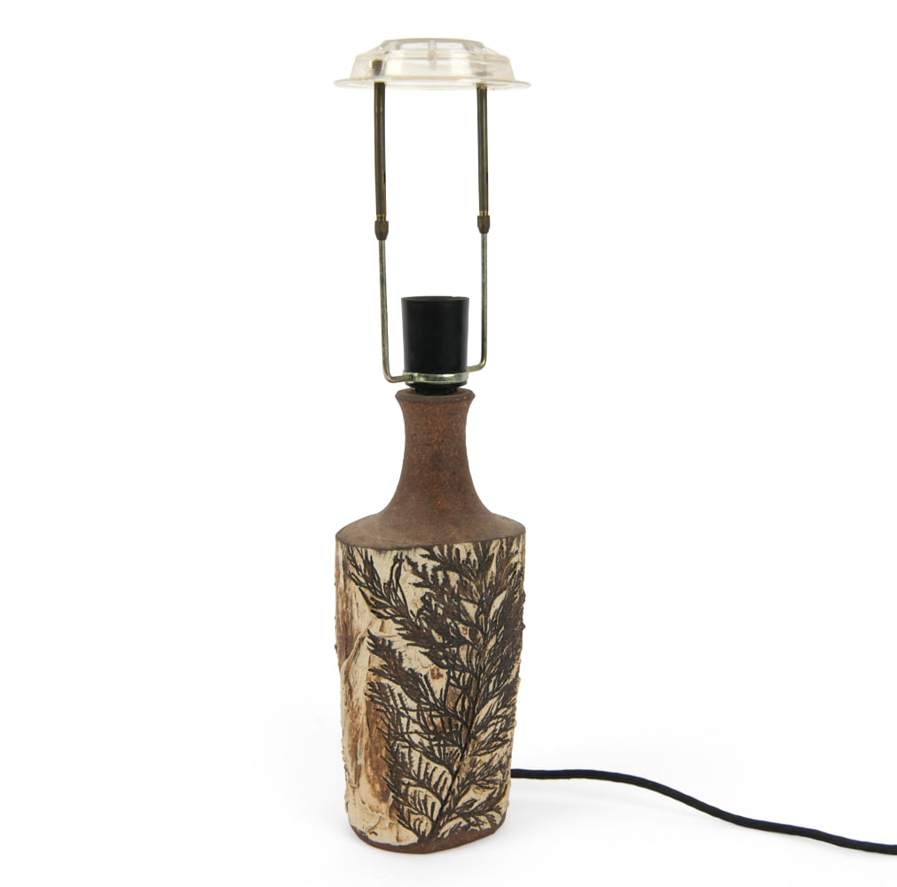 BODIL MARIE NIELSEN DANISH CERAMIC TABLE LAMP: Marked underneath. Denmark, circa 1960s. Dimensions: H 18" x W 5" x D 3.75" Condition: Wiring untested. Minor scuffs. Wear consistent with age and use. E144