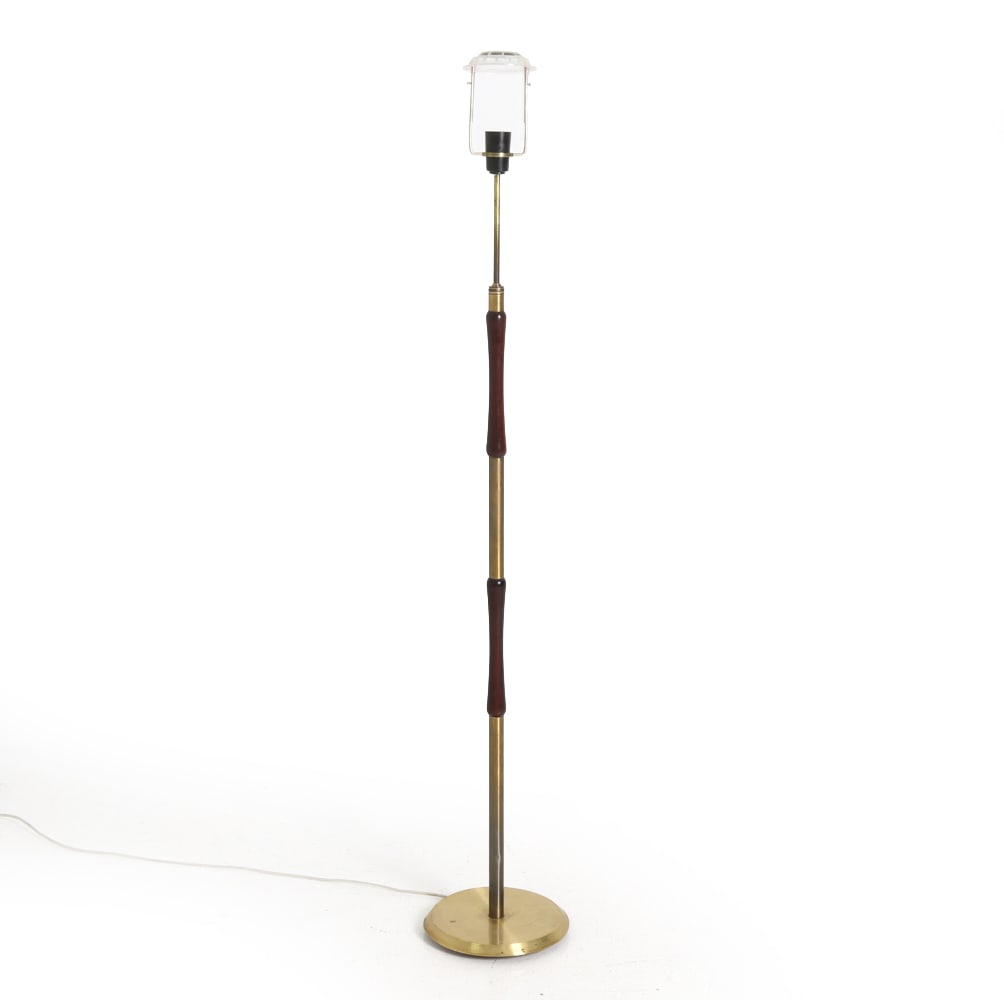 MEJLSTROM BELYSNING BRASS & MAHOGANY FLOOR LAMP: Marked under base. Denmark, circa 1970s. Dimensions: H 56.5" x Dia. 9.5". Condition: Wiring untested, European plug. Dings and bends to base. Patina to brass. Wear consistent with age and use. E162