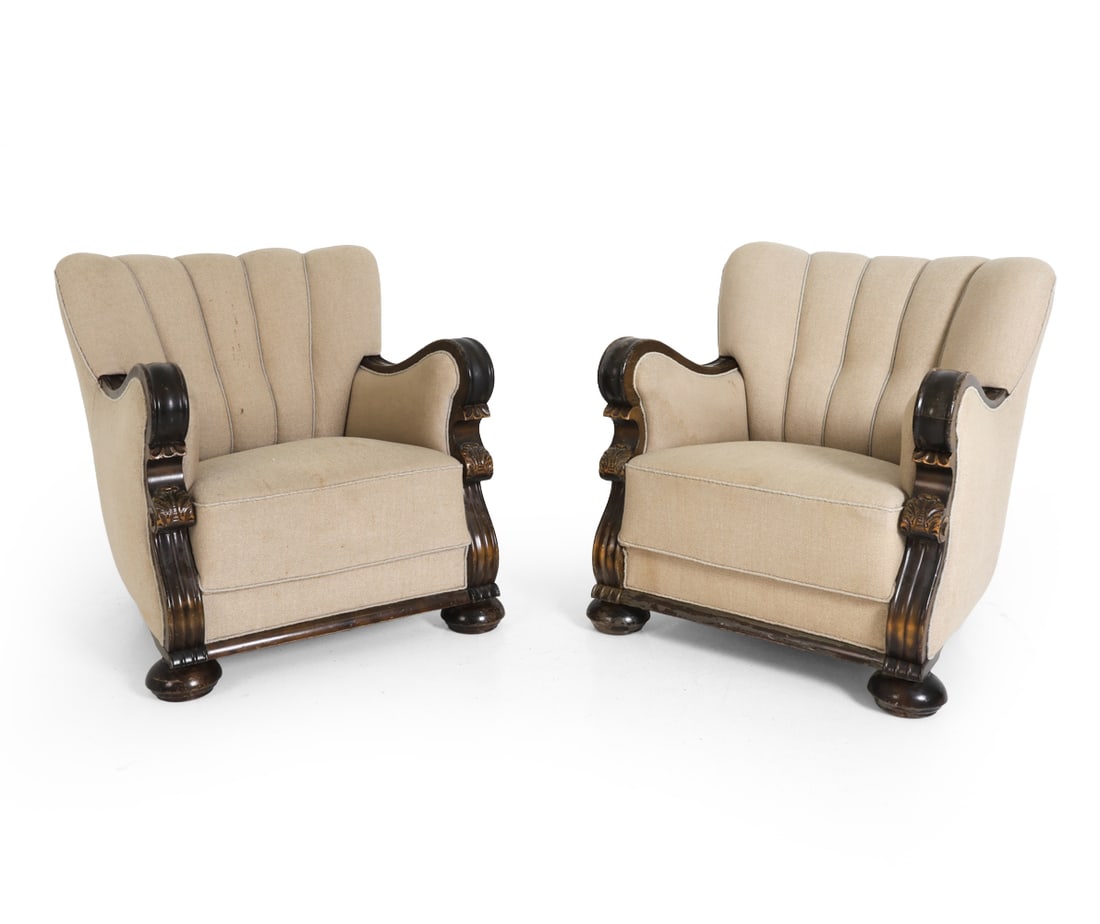 PAIR OF DANISH ART DECO OAK LOUNGE CHAIRS 1930S: Dimensions: H 33" x W 28.5" x D 30" x SH 16.25". Condition: Scuffs, scratches, dings, and rubs to wood. Discolored areas to fabric. Wear consistent with age and use. E058