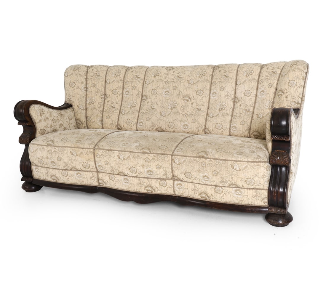 DECO STYLE SCANDINAVIAN OAK SOFA C. 1940S: Scandinavian, circa 1940s. Dimensions: H 32" x W 72" x D 34" x SH 15" Condition: Nicks and dings to arms and legs. Spots of soiling to upholstery. Evidence of old worming, not active. Wear consistent 