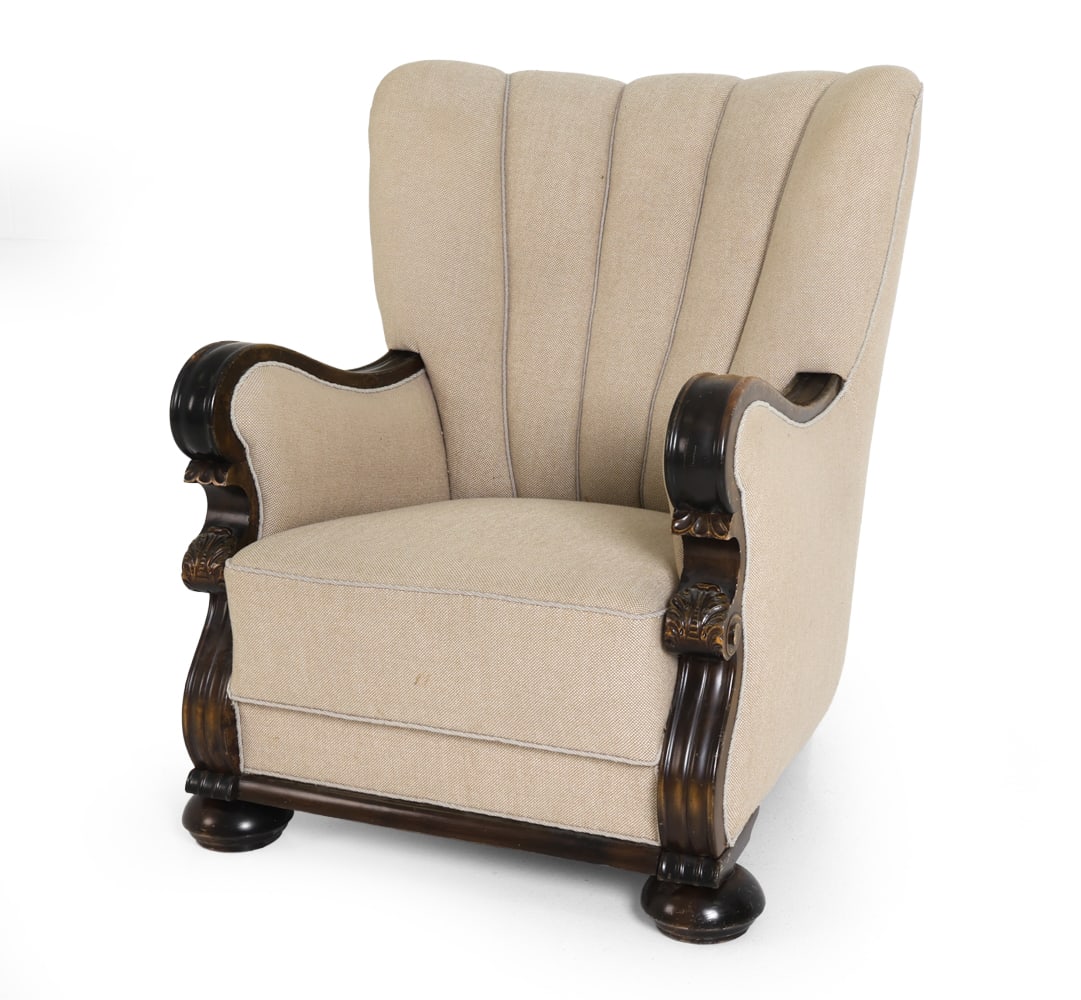 DANISH ART DECO OAK LOUNGE CHAIR C. 1930S: Dimensions: H 33" x W 28.5" x D 30" x SH 16.25". Condition: Scuffs, scratches, dings, and rubs to wood. Wear consistent with age and use.