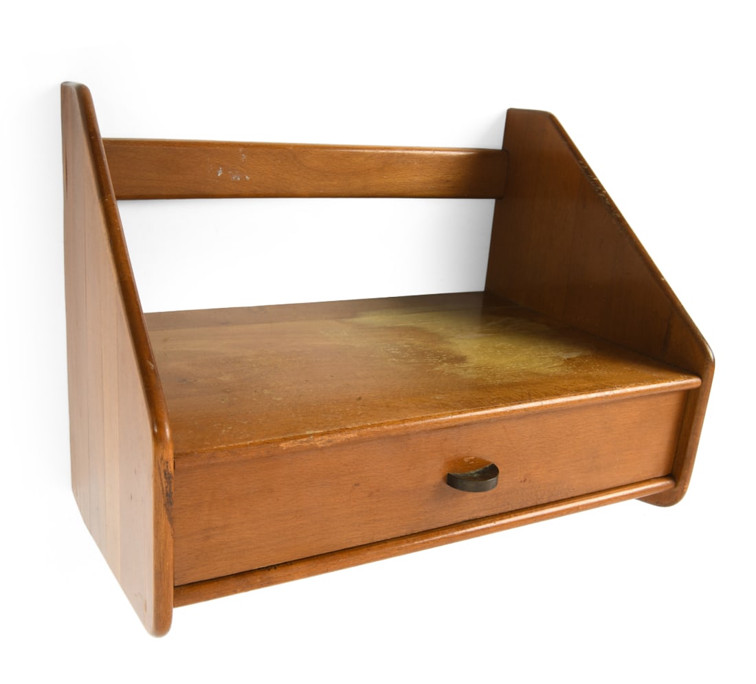 SCANDINAVIAN BEECH FLOATING SHELF C. 1960S: Dimensions: H 12.75" x W 16" x D 10". Condition: Light scuffs and scratches, wear consistent with age and use. E164