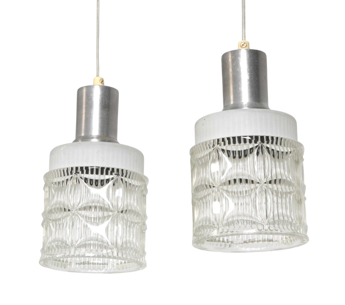 PAIR OF SCANDINAVIAN GLASS PENDANT LIGHTS C. 1970S: Dimensions: H 8" x Dia. 4.5". Condition: Wiring untested. Light scuffs. Wear consistent with age and use. E147