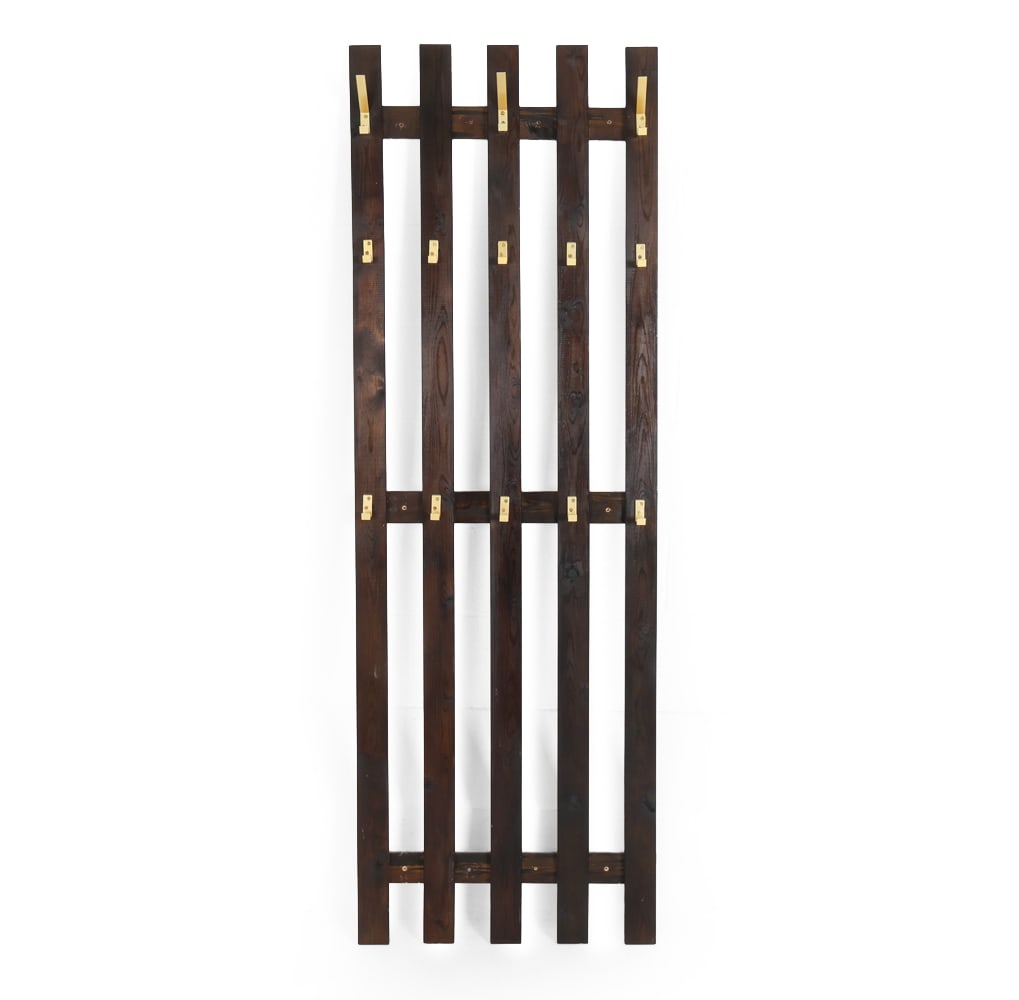 SCANDINAVIAN PINE WALL COAT AND HAT RACK C. 1970S: Dimensions: H 23.75" x W 70". Condition: White paint marks. Wear consistent with age and use.