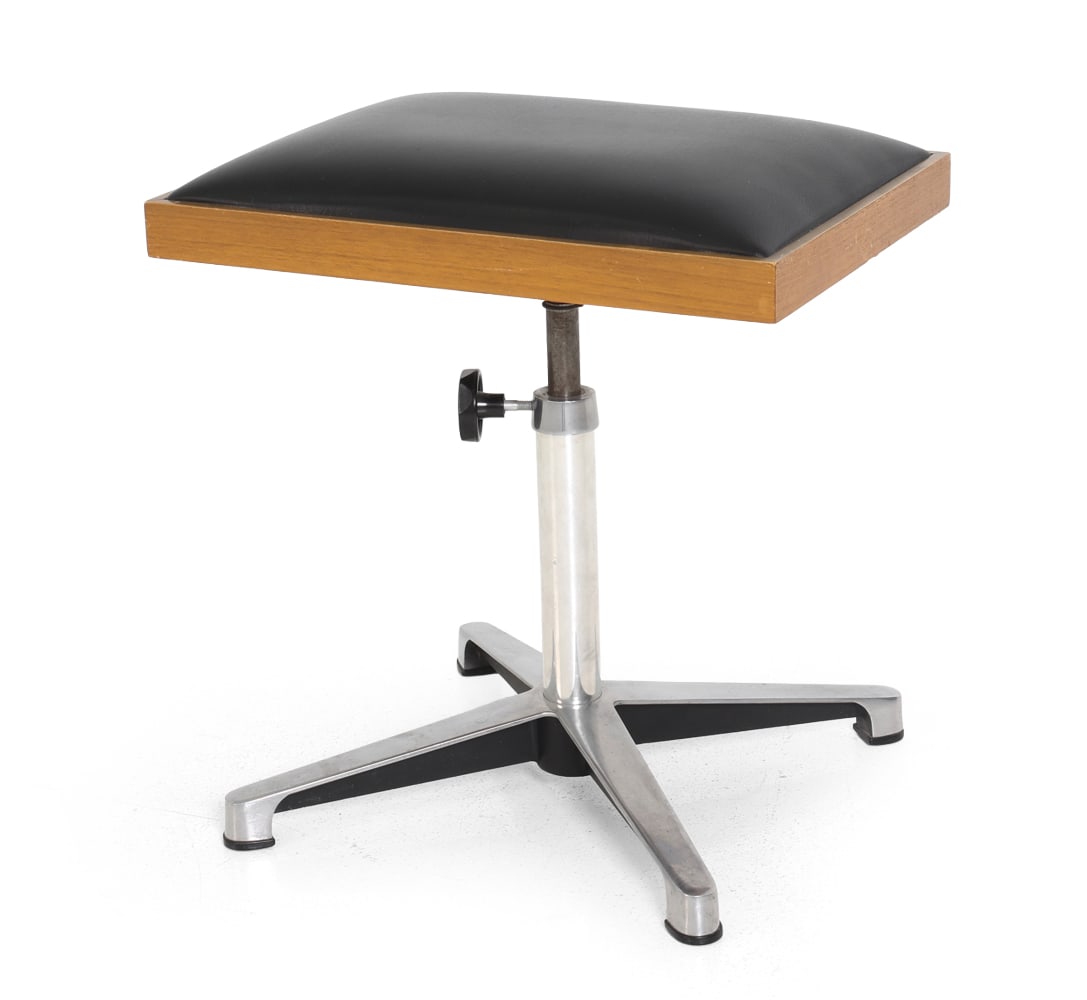 DANISH LEATHER SWIVEL STOOL C. 1970S: Adjustable height. Dimensions: H 17.5" x W 13" x D 18.5". Condition: Light scuffs, wear consistent with age and use. E029