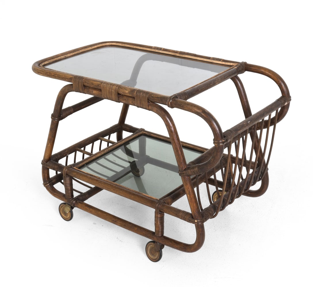 ITALIAN RATTAN & GLASS BAR CART C. 1970S (1 of 13)