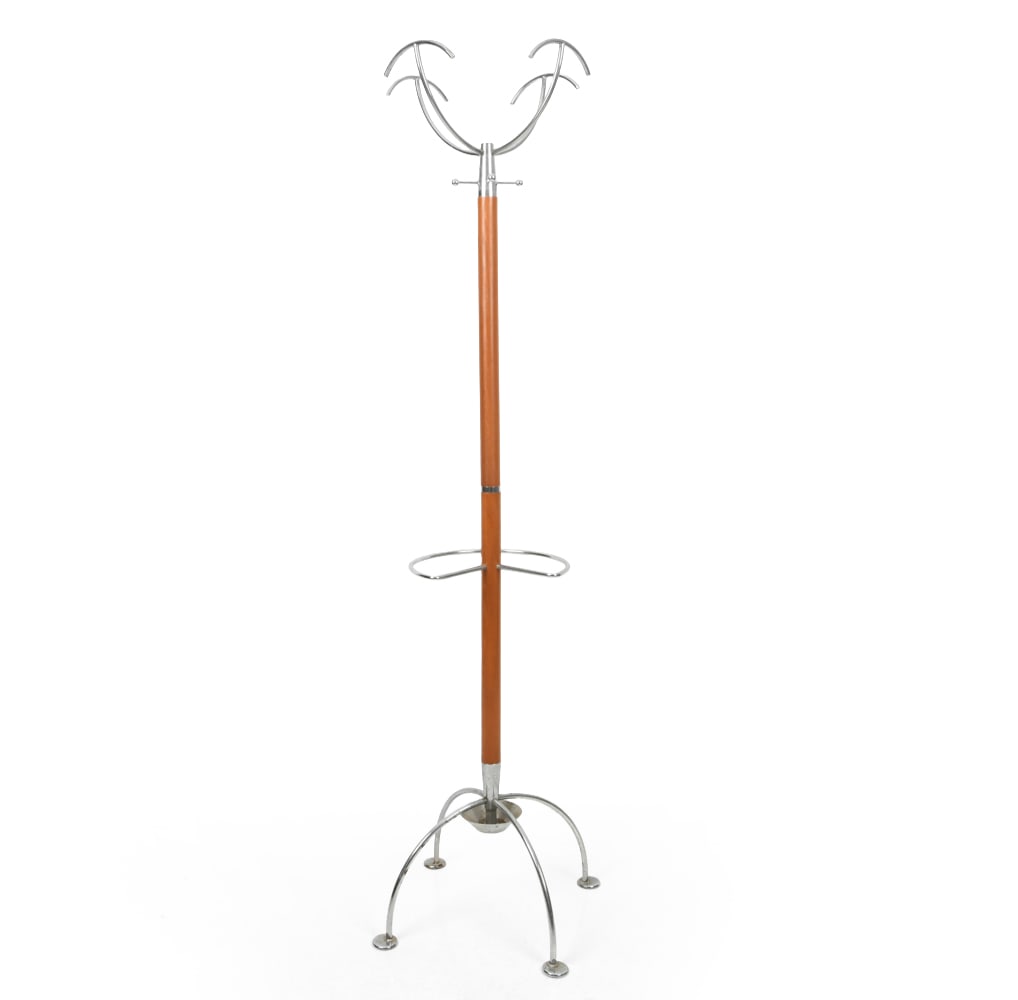 ATTR. FREZZA ITALIAN CHROME COAT RACK C. 1970S: Apparently unmarked. Chrome plated steel and stained beech frame. Italy. circa 1970s. Dimensions: H 66.5" x Dia 15.75" Condition: Pitting to chrome. Surface wear consistent with age and use. E-160