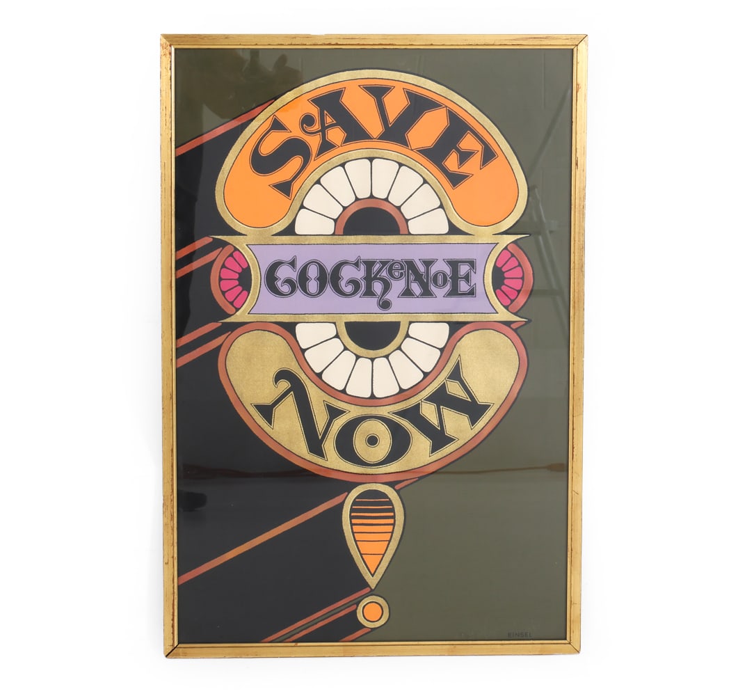 1967 SAVE COCKENOE NOW PROTEST POSTER: Created by artists Walter and Naiad Einsel. Dimensions: (Frame) H 31" x W 21" (Sight) H 29.5" x W 19.5" Condition: Some waviness under glass. Frame with rubs and losses. Surface marks to poster.