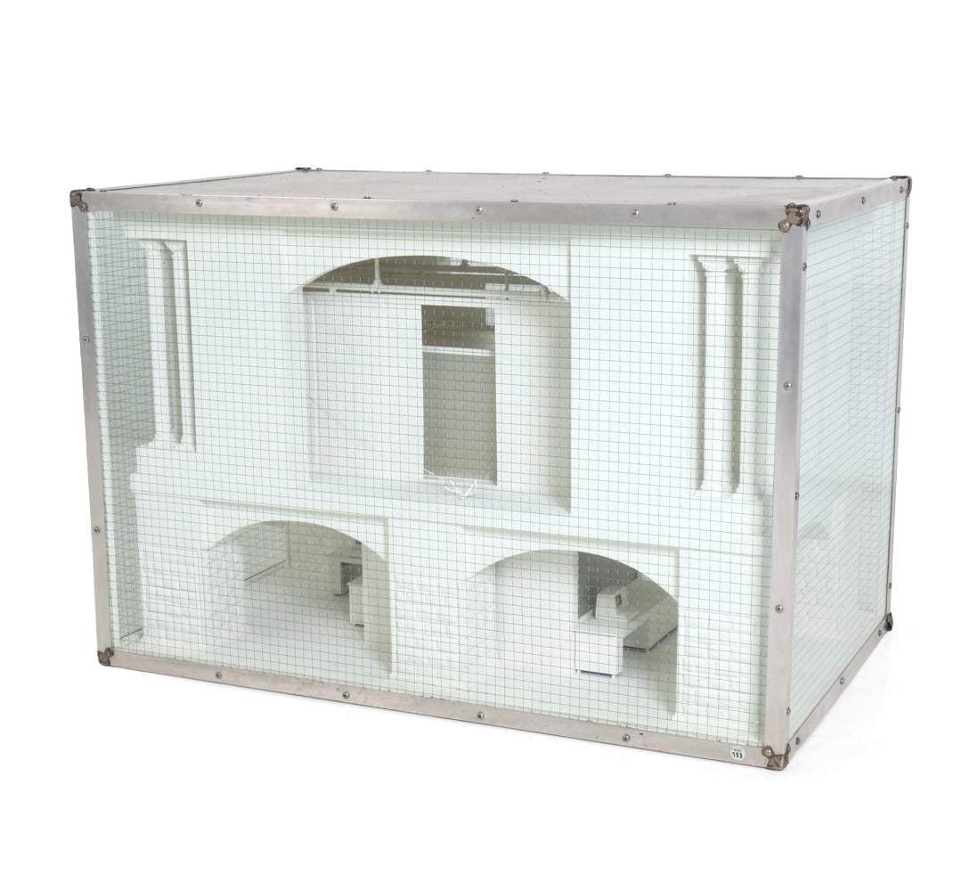 ROD RHODES 3D ARCHITECTURAL SCULPTURE: Wood, glass and metal miniature architectural environment with homoerotic theme, electrified "House of the Deer, Segment V," circa 1984. Unmarked. Provenance: Exhibition - "Rod Rhodes and Paul Thek,"