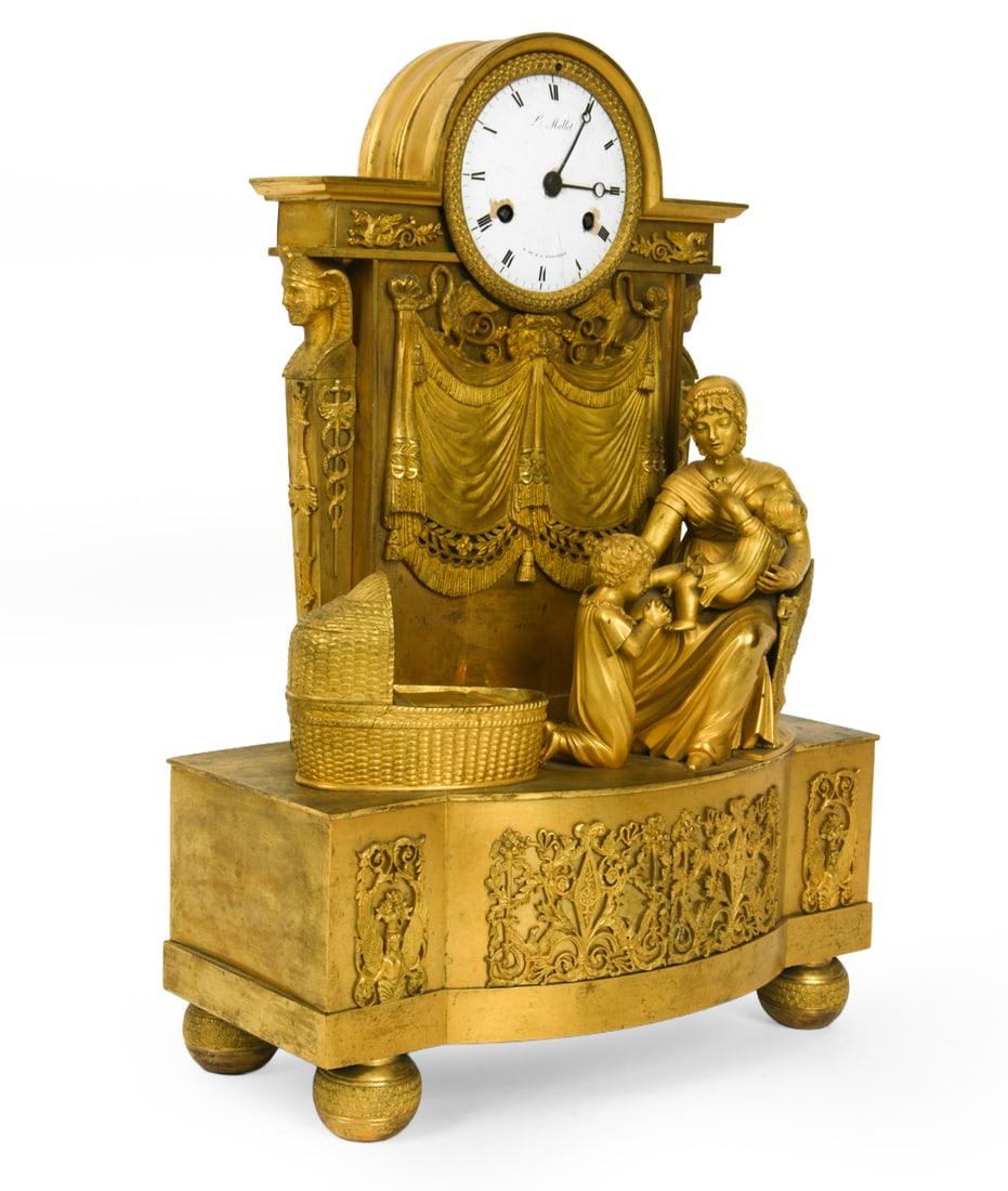 19TH C LOUIS MALLET PARIS GILT BRONZE MANTEL CLOCK: Marked "Ls Mallet, H DE M D D'ORLEANS" to dial. Dimensions: H 17" x W 12" x D 6" Condition: Time keeping untested. Chipping to enamel. Patina, scuffs and soiling to frame.