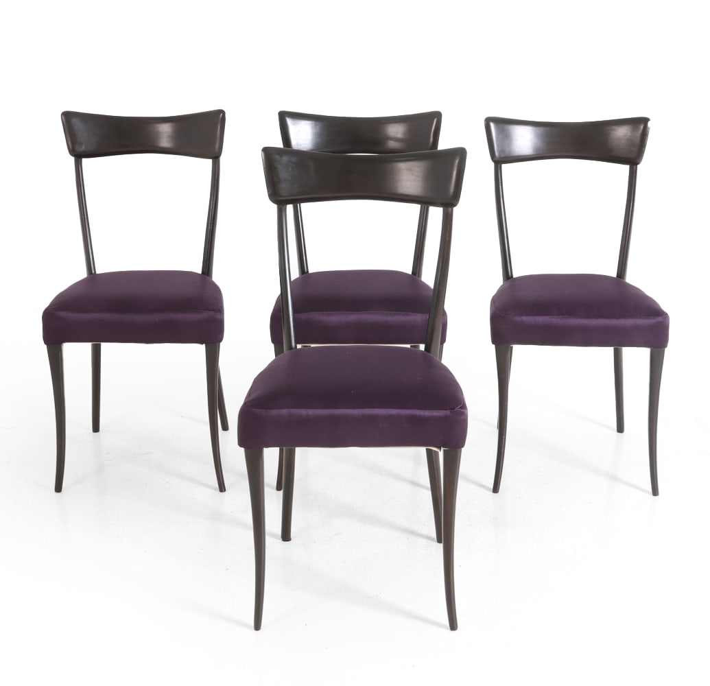 (4) ICO PARISI STYLE EBONIZED DINING CHAIRS: 20th century. Dimensions: H 36.5" x W 17.5" x D 16.5" x SH 19.5". Condition: Wear consistent with age and use.