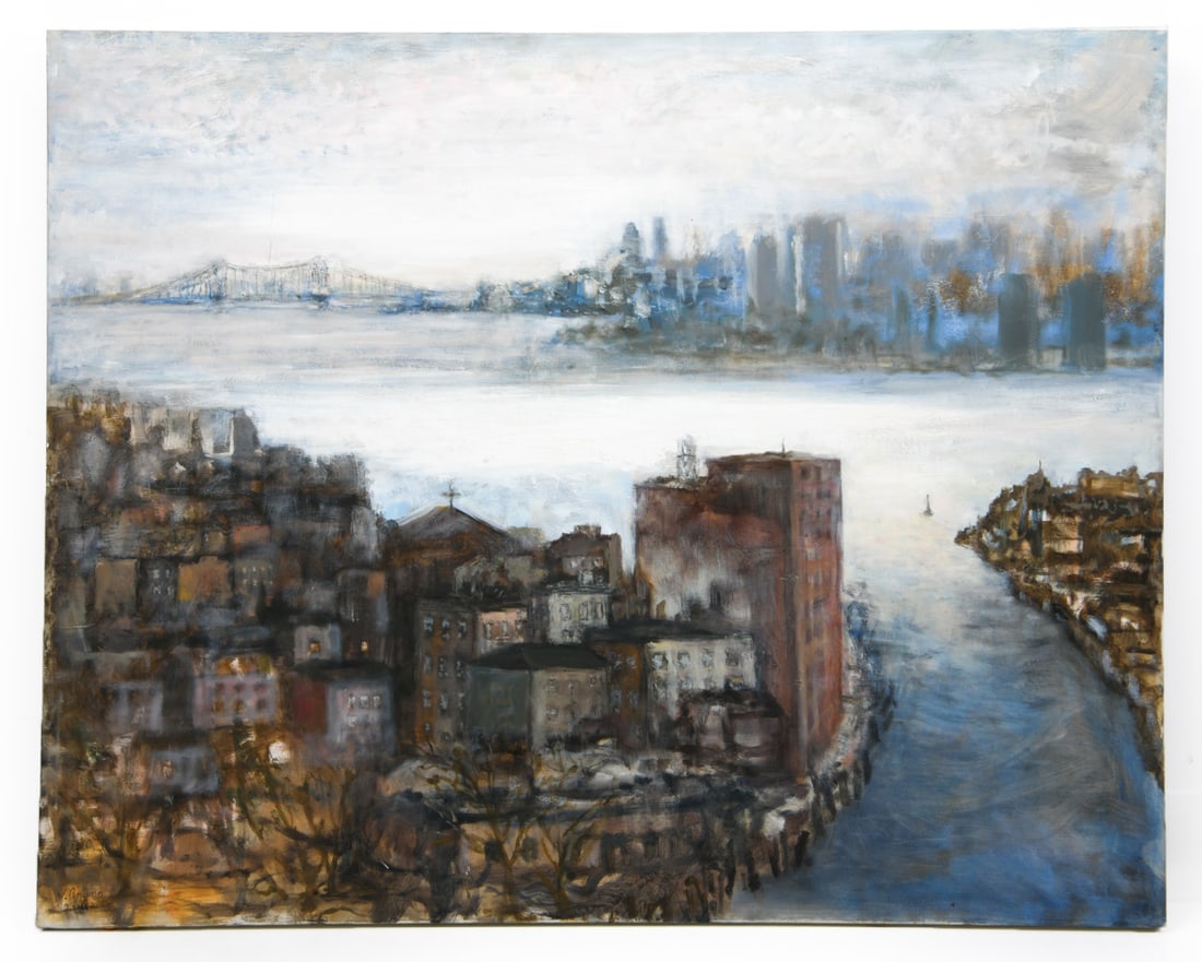 VINCENT JOHN BRUNO (1926-2008) O/C CITYSCAPE: Signed, dated 2002 lower left. Oil on canvas. Unframed. Dimensions: H 32" x W 40.5"