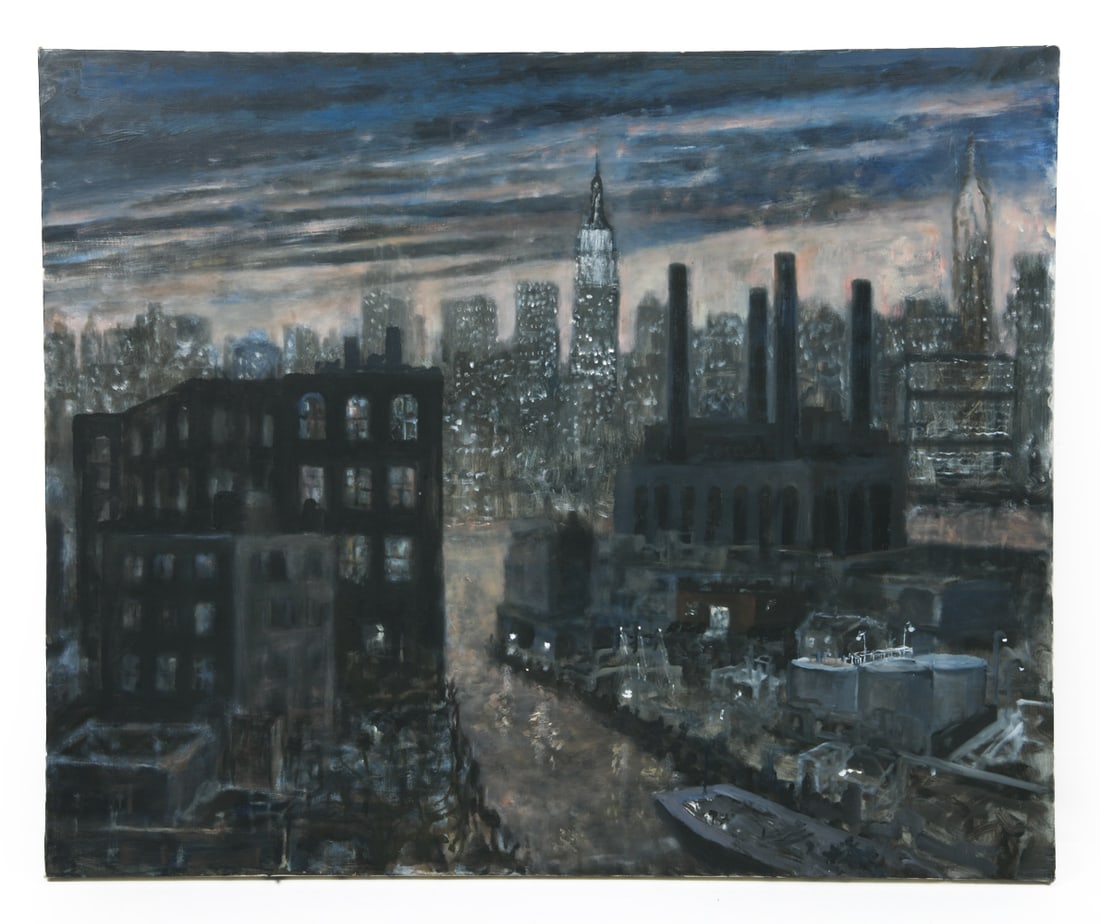 VINCENT JOHN BRUNO (1926-2008) MANHATTAN CITYSCAPE: Apparently unsigned. Oil on canvas. Unframed. Dimensions: H 36.5" x W 44"