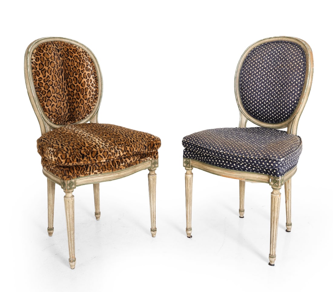 PAIR OF LOUIS XVI STYLE PARLOR SIDE CHAIRS: 20th century. Dimensions: H 40" x W 20.5" x D 18.25" x SH 20.25". Condition: Fading and discoloration. Scuffs and soiling. Wear consistent with age and use.