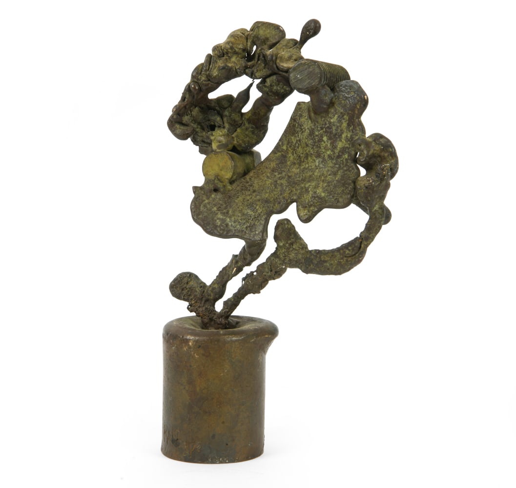 LEE TRIBE (B. 1945) BRUTALIST BRONZE SCULPTURE: Inscribed on base. 1987 Dimensions: H 9" x W 5" x D 3"