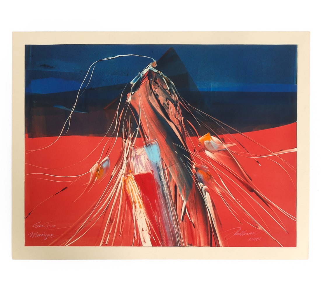 FRANK HOWELL (1937-1997) SUN FIRE MONOTYPE: Signed, dated 1987, titled lower margin. Unframed. Dimensions: H 20" x W 26" Condition: Wear consistent with age. Light signs of handling.