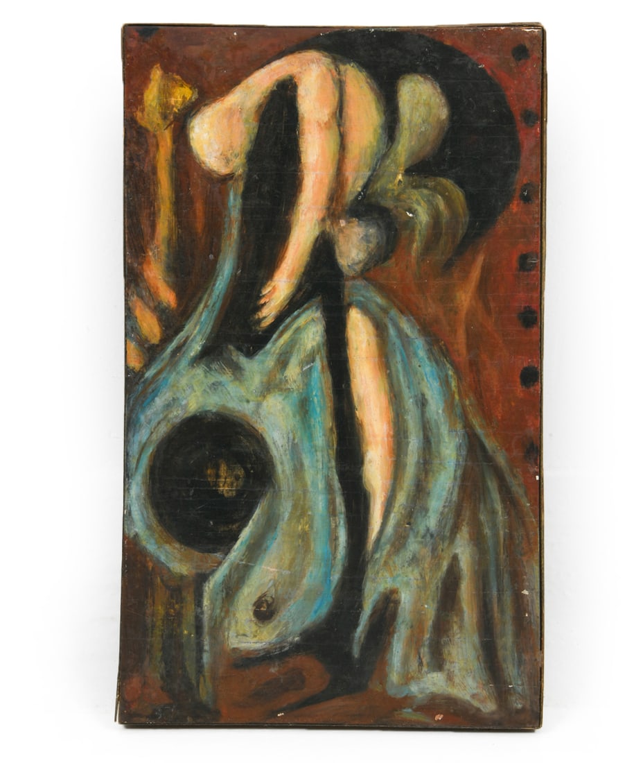 DANIEL NEWSOME (AMERICAN) ABSTRACT OIL ON BOARD: Signed, dated 1956, with gallery label on verso. Dimensions: H 12" x W 7" Condition: Loss to back