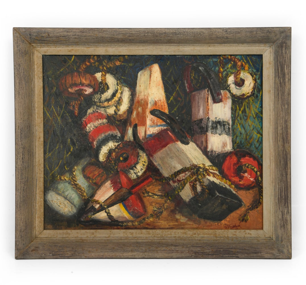 STILL LIFE BUOYS OIL ON BOARD PAINTING 1969: Indistinctly signed and dated lower right. Dimensions: (Frame) H 20.25" x W 24" (Sight) H 15.75" x W 19.5"