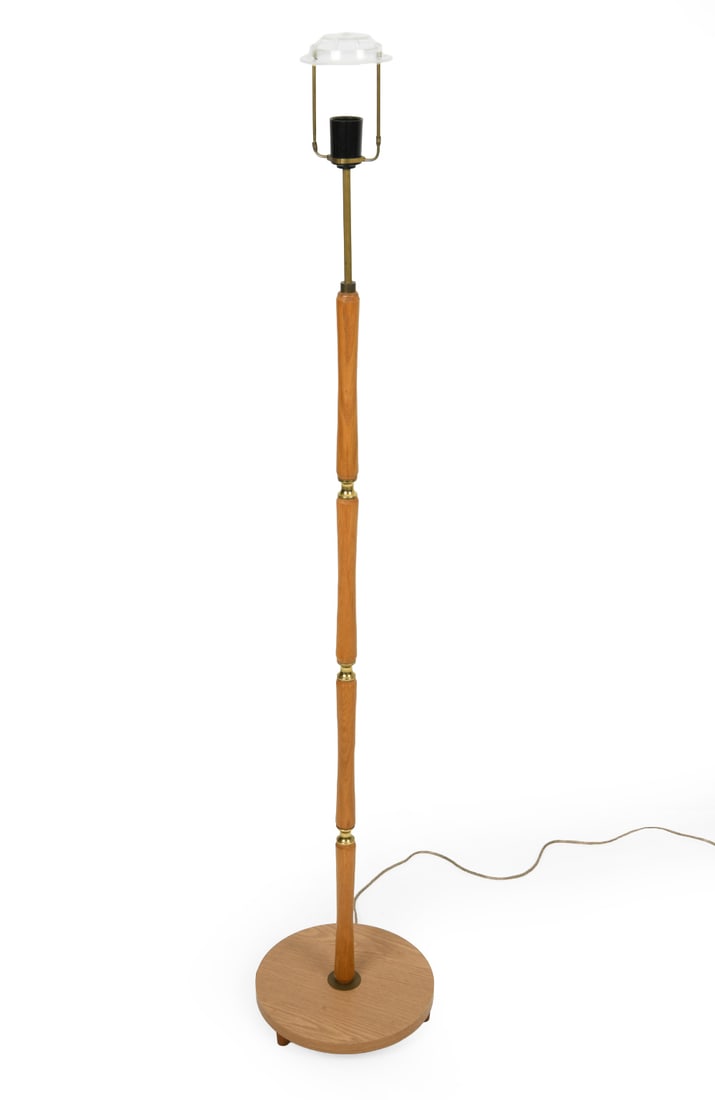 SWEDISH OAK & BRASS FLOOR LAMP: Dimensions: H 55" x Dia 10.5" Condition: Untested. Patina present. Surface wear consistent with age and use.
