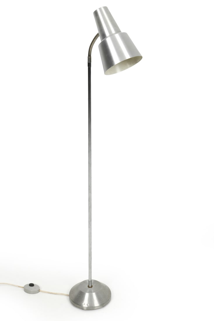 SCANDINAVIAN FLOOR LAMP C. 1970S: Numbered on underside. Dimensions: H 49" x W 6.75" x D 9" Condition: Dents, scratches, surface wear consistent with age and use. Untested.