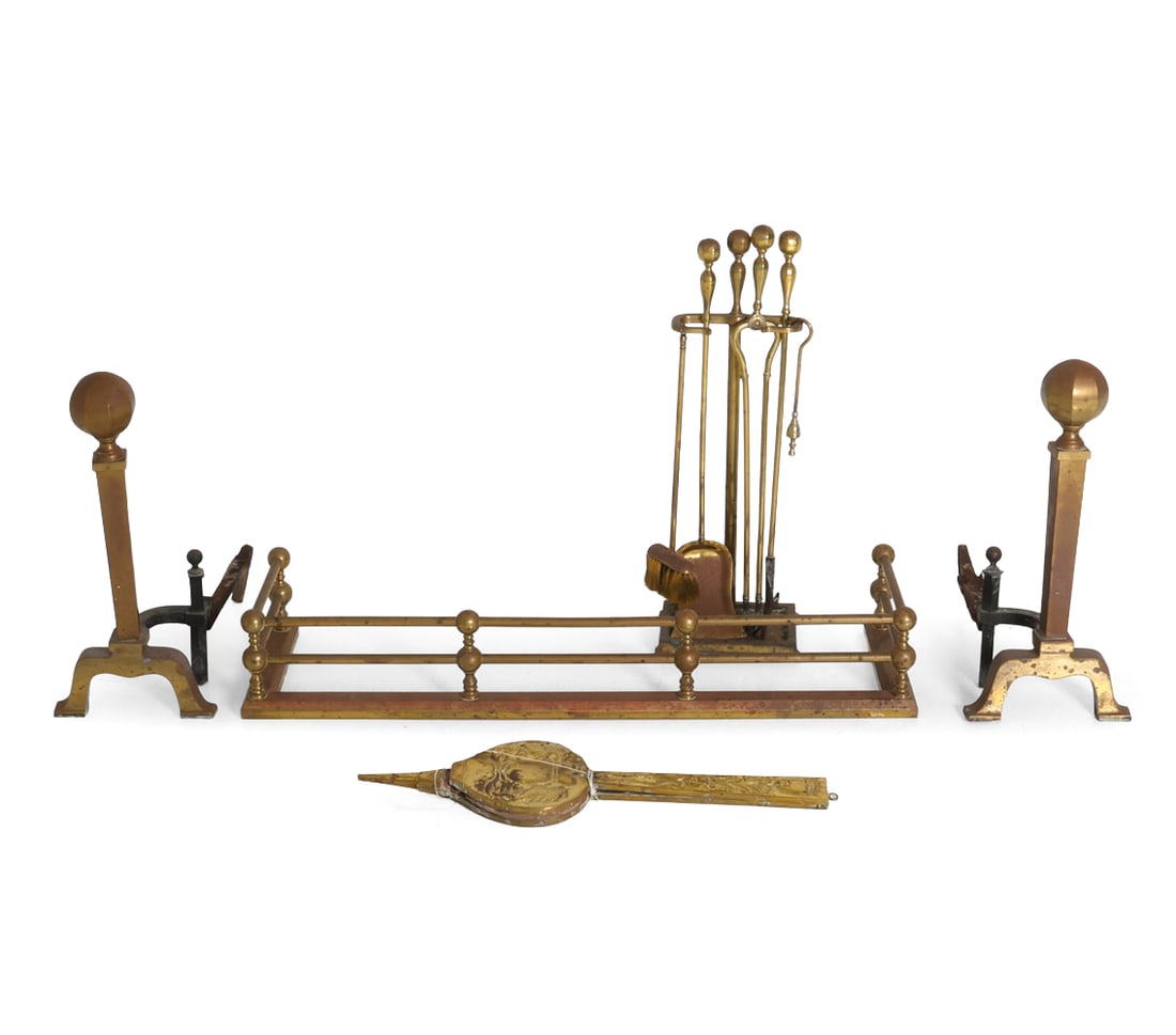 BRASS FIREPLACE TOOLS, FENDER, AND IRONS GROUPING: Dimensions: H 9" x W 48" x D 13" Condition: Bellows needs repair.