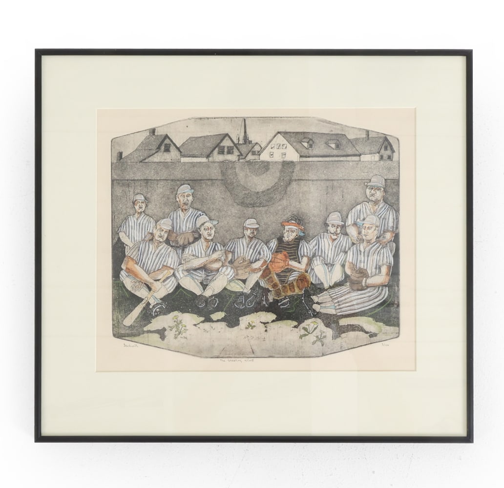 JOEL BECKWITH (B 1949) THE STARTING LINEUP ETCHING: Signed, titled, numbered 3/104 lower margin. Colored etching. Dimensions: (Frame) H 18.25" x W 20.25" (Sight) H 12.5" x W 14.75"