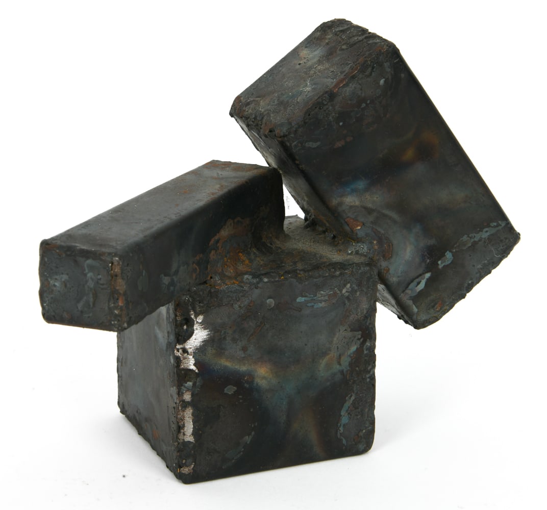 AFTER. R. DUNNING WELDED STEEL SCULPTURE: Brutalist geometric sculpture of stacked metal cubes. from an artist estate in Larchmont NY. Dimensions: H 7" x W 7" x D 8" Condition: Wear consistent with age and use. Oxidizing.