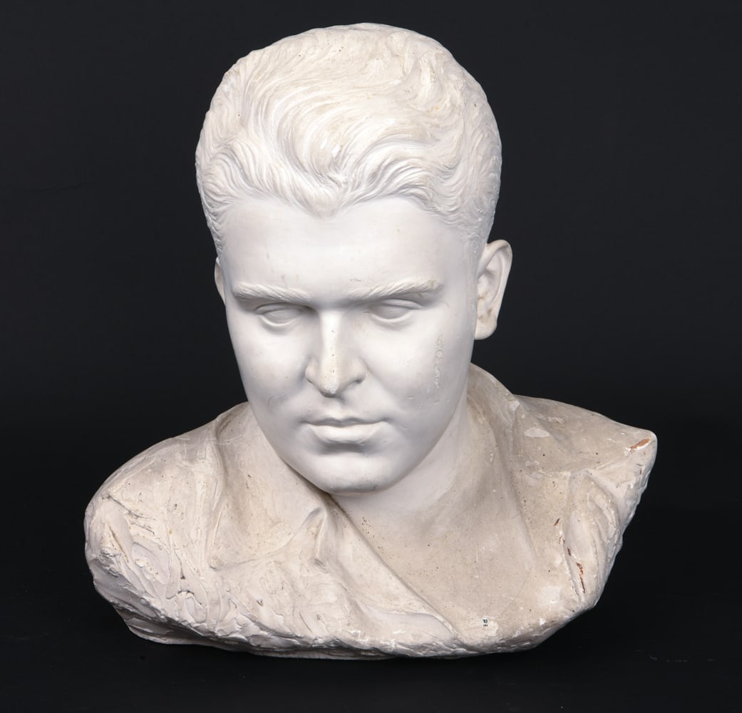 BASHKA PAEFF(1889-1979) YURY GAGARIN BUST: Image purportedly depicting Soviet Cosmonaut Yury Gagarin. In plaster. Signed to back. Dimensions: H 15" x W 16 x D 9" Condition: Wear consistent with age and use. Scuffs, rubs, minor loss, some soili