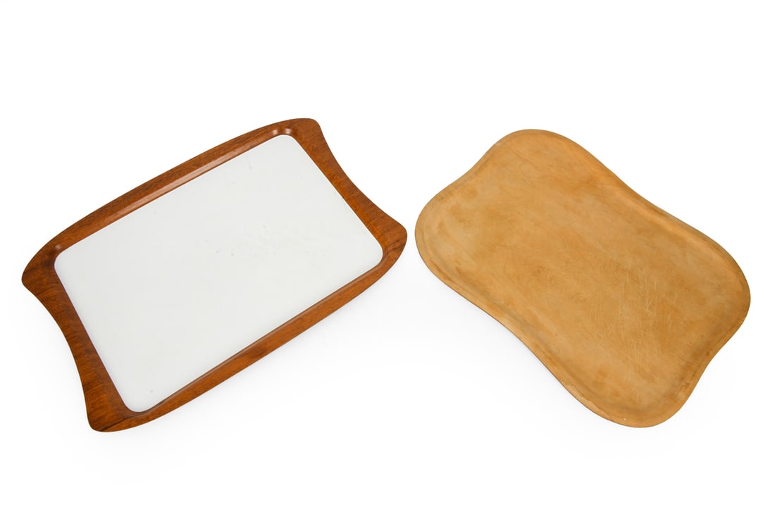 TEAK & BIRCH TRAYS INCL. TAPIO WIRKKALA 1950S: Birch plywood tray designed by Tapio Wirkkala for Soinne & Kni Oy in Finland and white laminate top teak tray from Sweden. Marked underneath. Circa 1950s. Dimensions: (Largest) H 0.75" x W 24" x D 16.