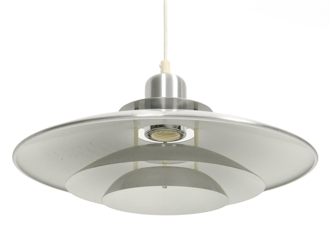 BELID DANISH SAUCER PENDANT LIGHT C. 1970S: Tagged to pulley. Brushed aluminum shade with tiered design. Pulley system for height adjustment. Denmark, circa 1970s. Dimensions: H 8" x Dia. 16.5". Condition: Wiring untested. Scuffs and scratches