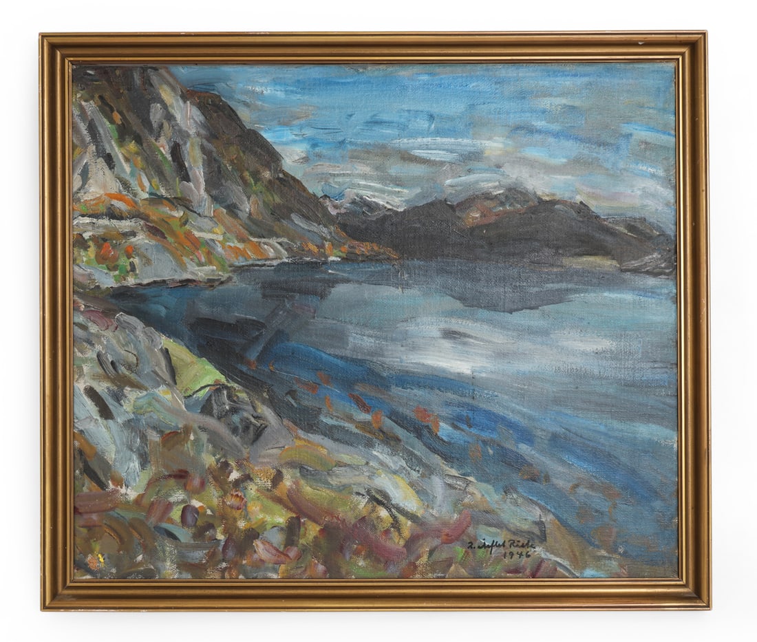 SCANDINAVIAN MID-CENTURY LANDSCAPE PAINTING O/C: Landscape from atop a ledge depicting a cliffside over a body of water. features vibrant colors. Indistinctly signed and dated 1946 lower right corner. Dimensions: (Frame) H 24" x W 27" (Canvas) H