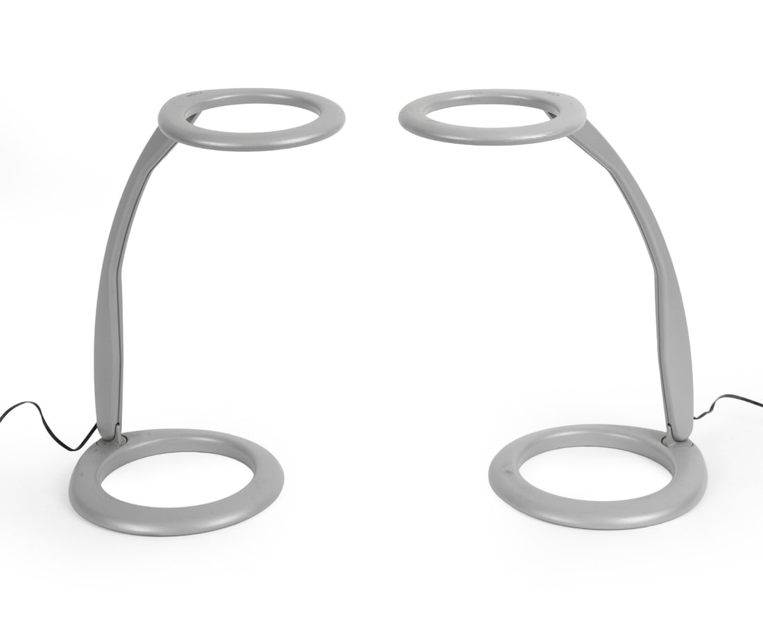 PAIR OF LUXO 'HALO' TABLE LAMPS: Marked to top. (2) Metal table lamps with rotating design. Denmark. Dimensions: H 17" x Dia. 13.25". Condition: Wiring untested, missing wall adapters. Wear consistent with age and use.