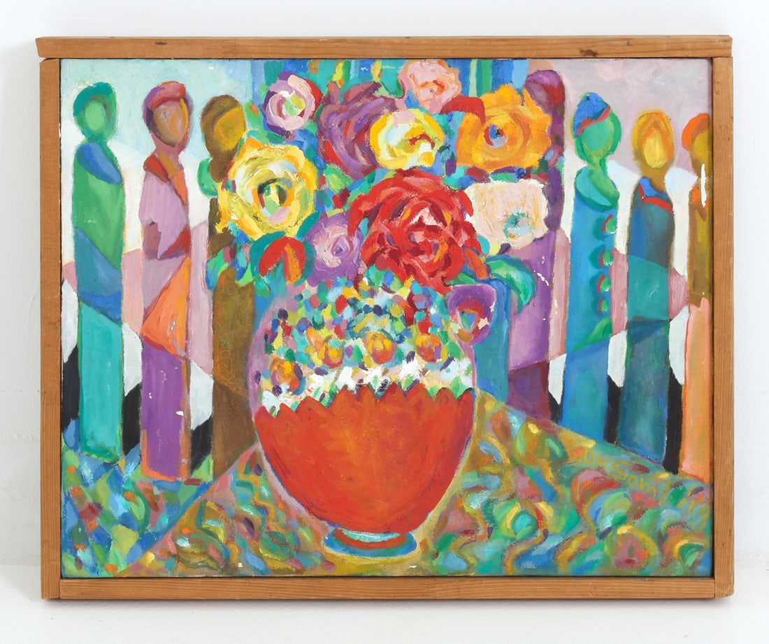 EMILIJA SOMBERG STILL LIFE O/C: Signed to lower right corner and to back of canvas. Colorful still life with a vase of flowers. Oil on canvas. Dimensions: Frame H 17.25" x W 21.75". Canvas H 16" x W 20". Condition: Scuffs and rubs t