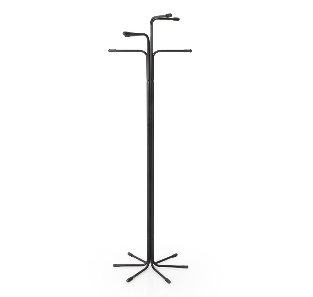 ATTR. TORD BJORKLUND FOR IKEA COAT RACK C. 1980S: "Rigg" coat rack with a tubular minimalist design featuring metal pipes with black plastic caps on the ends. Apparently unmarked. Dimensions: H 67" x W 21" x D 21" Condition: Wear consistent with age 