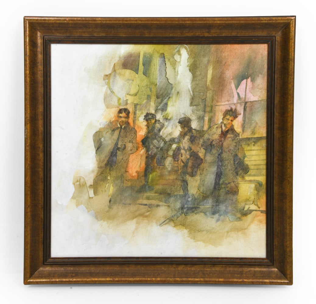 EXPRESSIONIST WATERCOLOR ON BOARD: Depiction of figures in suits in a wash of greens and blues. Apparently unsigned. Dimensions: Frame H 21" x W 21". Sight H 17" x W 17". Condition: Faint rubs and scuffs to frame.