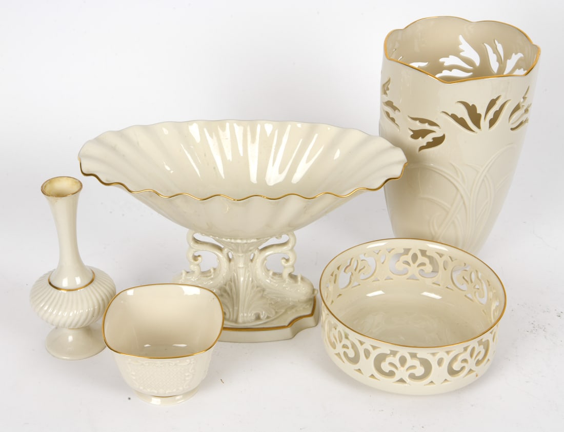 LENOX PORCELAIN GROUPING: Dimensions: Largest H 10" x Dia. 6". Condition: Discoloration and scuffs to small vase near opening. Wear consistent with age and use.