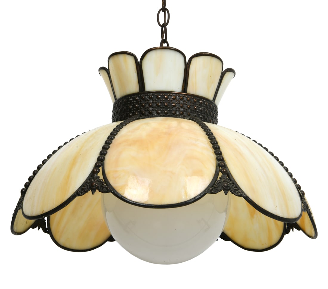 MEYDA TIFFANY ANNABELLE SLAG GLASS PENDANT LAMP: Pendant light with floral appearance, featuring cream tone glass panels. Globe glass shade to interior. Dimensions: H 12" x Dia. 18". Condition: Wiring untested. Minor surface soiling. Wear