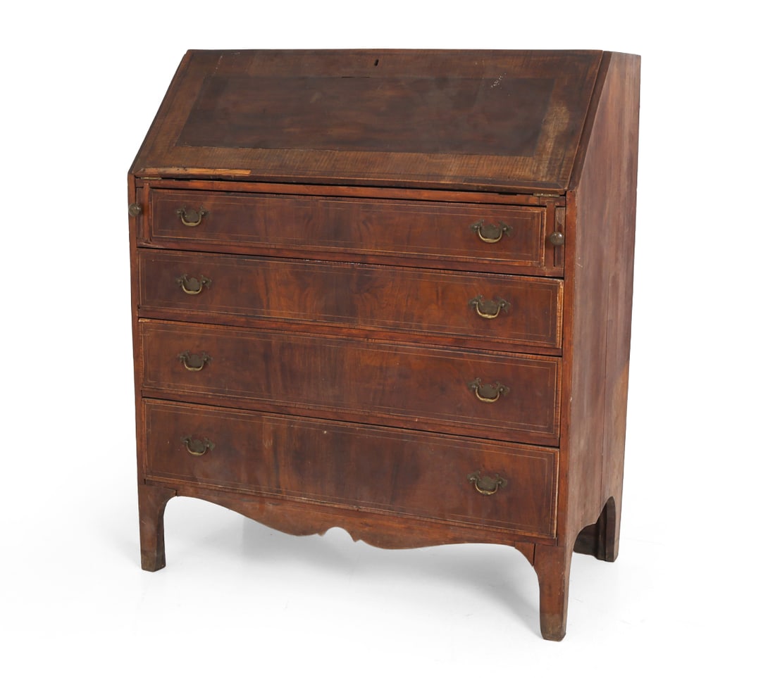 ANTIQUE HEPPLEWHITE STYLE MAHOGANY SECRETARY DESK: Mahogany secretary slant-front desk. Brass pulls. Drawers and storage compartments inside. Wood inlaid decorations. Circa late 18th/Early 19th century. Dimensions: H 47" x W 40.25" x D 21".