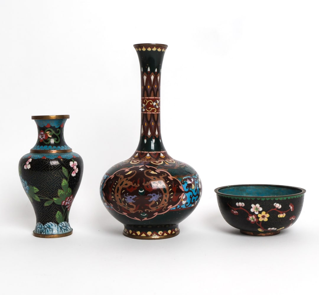 (3) CHINESE CLOISSONNE GROUPING: Including: bowl, urn, vase. Marked underneath. Dimensions: (Largest) H 10" x W 5" Condition: Wear consistent with age and use. Patina. The bowl has a small chip inside. Vase shows signs of previous