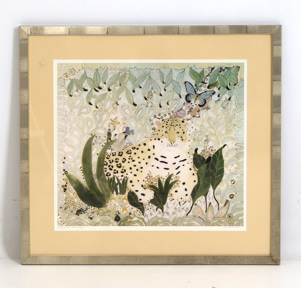 CONTEMPORARY LEOPARD PRINT: Titled 'Leopard with Dancing Frogs'. Signed to lower right and dated 2003. Dimensions: Frame H 22" x W 23.75". Sight H 16" x W 17.5". Condition: Not examined out of frame. Adhesive remnant to glass.