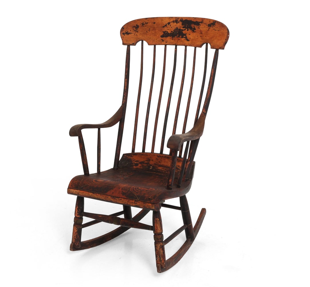 19TH C. ANTIQUE WINDSOR STYLE PINE ROCKING CHAIR: Pine rocking chair with spindle back and crest top rail. Curved armrest with scrolled ends. circa mid-19th century. Dimensions: H 42.75" x W 23" x D 27" x SH 15.5". Condition: Painted surface mostly r