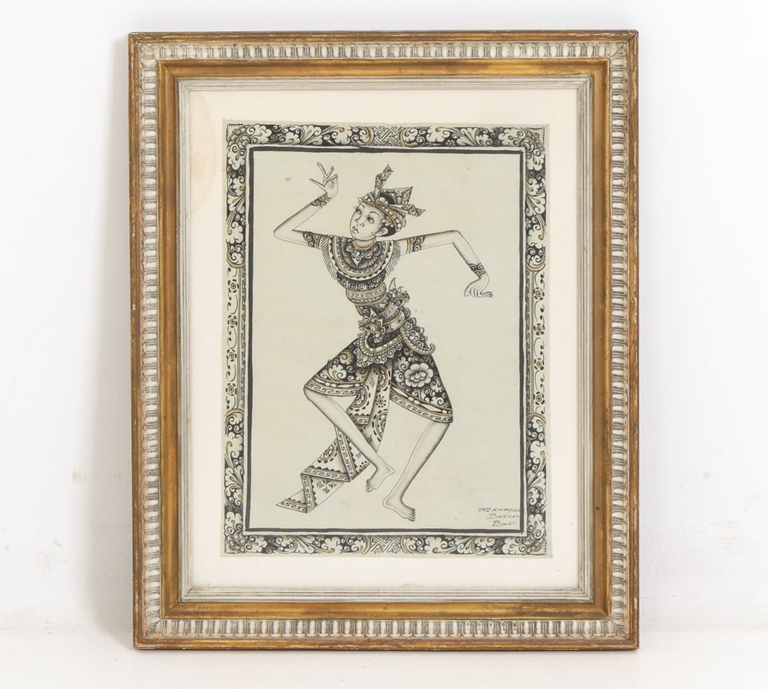 M. U. KUMPUL (20TH C.) BALINESE CEREMONIAL DANCER: Signed to lower right corner. Ink on silk. Mid 20th century. Dimensions: Frame H 22" x W 18". Work H 15.5" x W 11.5". Condition: Discoloration to edge of mat. Light scuffs to glass. Not examined out