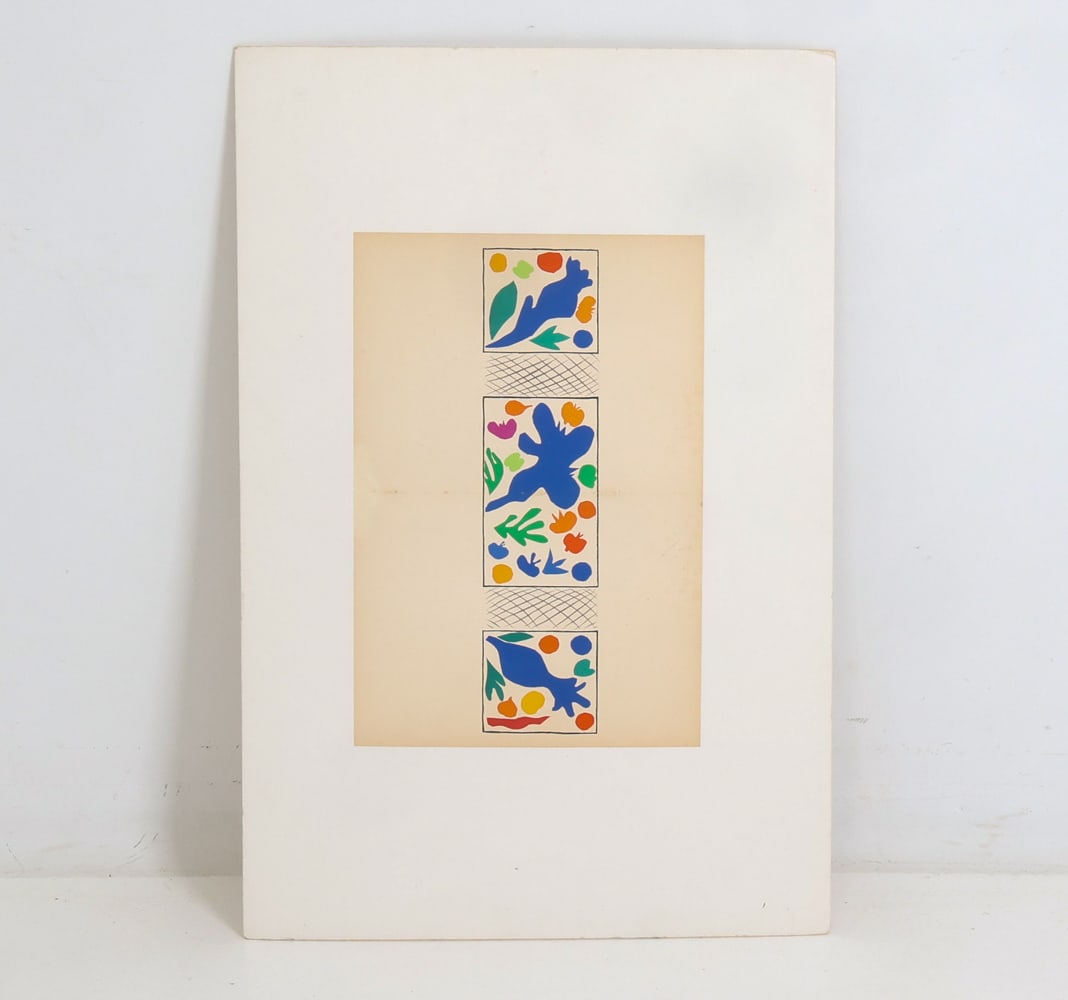 AFTER MATISSE PRINT: Print inspired by the work of Henri Matisse. Apparently unsigned. Color lithograph on paper. 20th century. Dimensions: Mat H 36.25" x W 24". Work H 20.75" x W 14.25". Condition: Some scuffs to