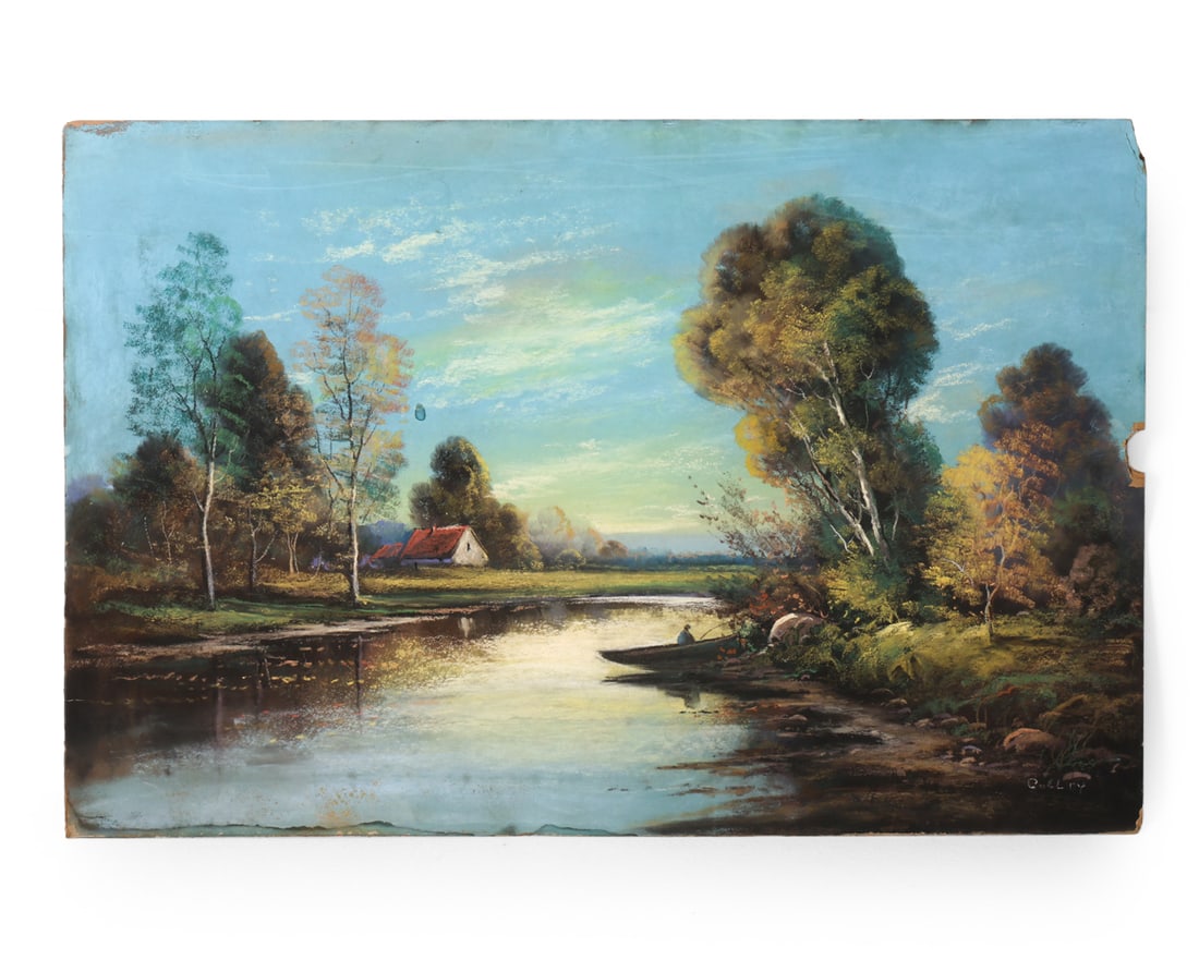 LAKE HOUSE LANDSCAPE O/B: Indistinctly signed to lower right corner. Lake scene with house in background and figure in rowboat to foreground. Oil on board. Mid 20th century. Dimensions: H 24" x W 36". Condition: Unframed. Loss