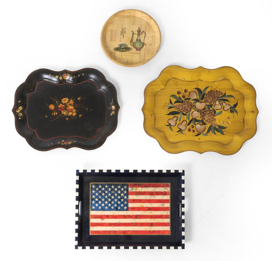 GROUPING OF DECORATIVE TRAYS INCL. CYNTHIA CAREY: Four decorative trays including: Cynthia Carey, Arthur Kelley, Chien-Lung style, Pilgrim art. Signed underneath. Painted metal and wood. Dimensions: (Largest) H 25" x W 19.5" Condition: Wear